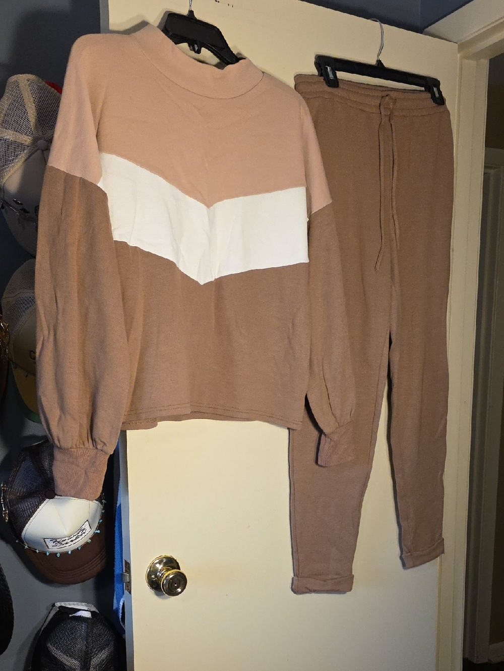 Two-Piece Colorblock Lounge Set in Mauve, White, and Taupe